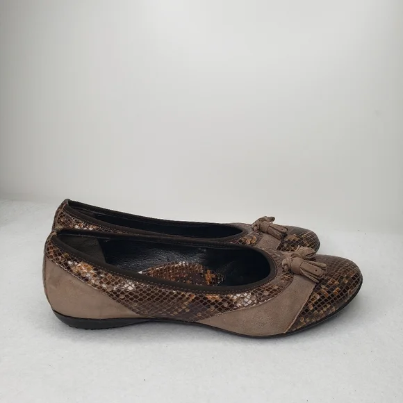 Sesto Meucci Tasseled Brown Leather & Suede Snake Embossed Slip On Flats Sz 8M. - Picture 2 of 10